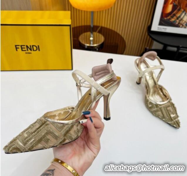 Top Grade Fendi Colibri Lite Slingbacks Pumps 8cm in Fringed FF Mesh Gold 420077