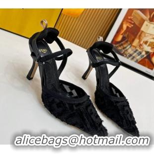 Durable Fendi Colibri Lite Slingbacks Pumps 8cm in Fringed FF Mesh Black 420078