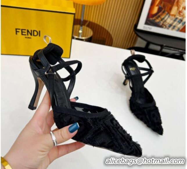 Durable Fendi Colibri Lite Slingbacks Pumps 8cm in Fringed FF Mesh Black 420078