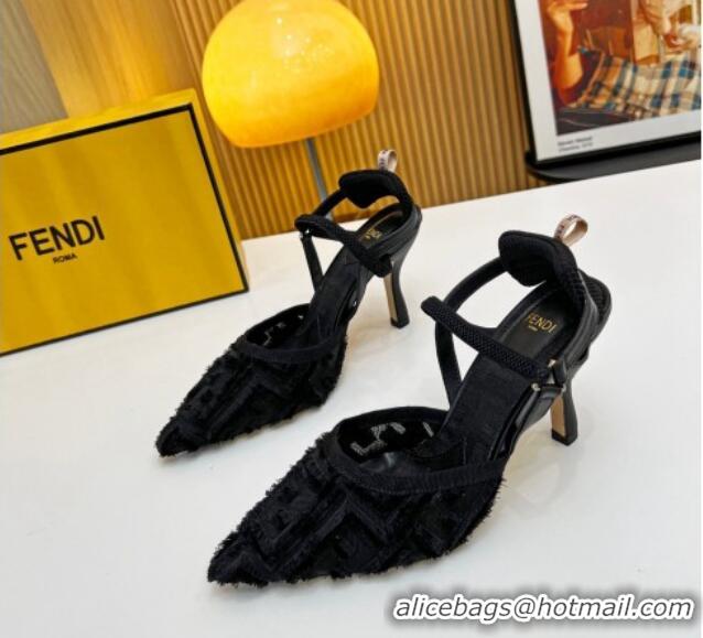 Durable Fendi Colibri Lite Slingbacks Pumps 8cm in Fringed FF Mesh Black 420078