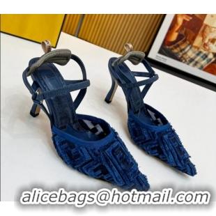 Best Product Fendi Colibri Lite Slingbacks Pumps 8cm in Fringed FF Mesh Blue 420079