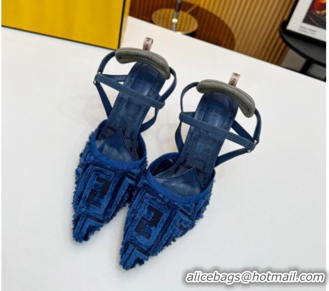 Best Product Fendi Colibri Lite Slingbacks Pumps 8cm in Fringed FF Mesh Blue 420079