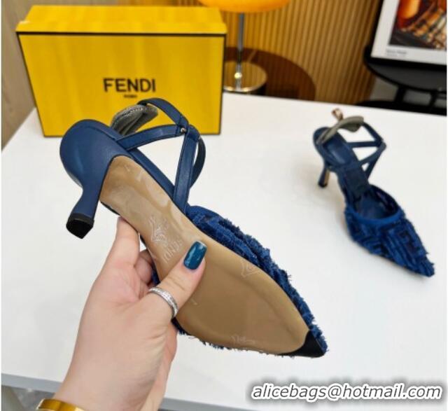 Best Product Fendi Colibri Lite Slingbacks Pumps 8cm in Fringed FF Mesh Blue 420079