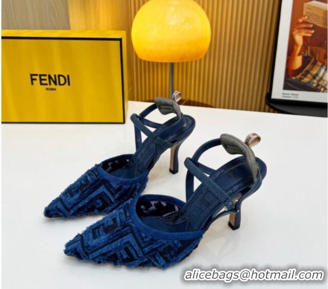 Best Product Fendi Colibri Lite Slingbacks Pumps 8cm in Fringed FF Mesh Blue 420079