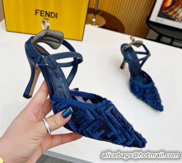 Best Product Fendi Colibri Lite Slingbacks Pumps 8cm in Fringed FF Mesh Blue 420079