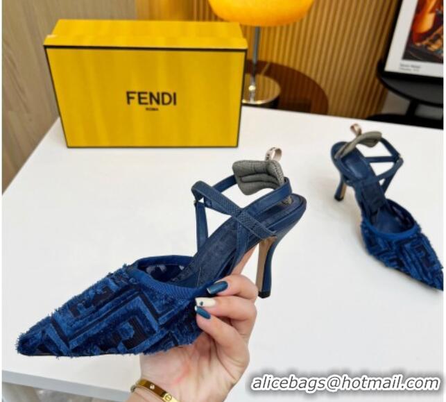 Best Product Fendi Colibri Lite Slingbacks Pumps 8cm in Fringed FF Mesh Blue 420079