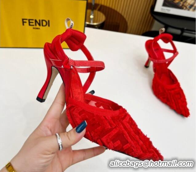 Luxurious Fendi Colibri Lite Slingbacks Pumps 8cm in Fringed FF Mesh Red 420080