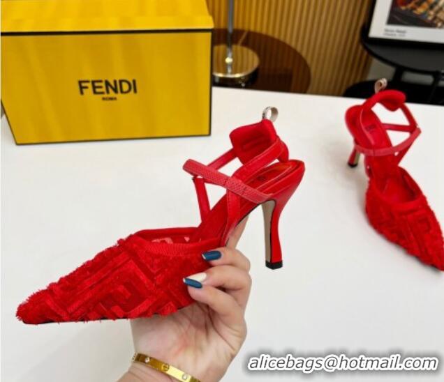 Luxurious Fendi Colibri Lite Slingbacks Pumps 8cm in Fringed FF Mesh Red 420080