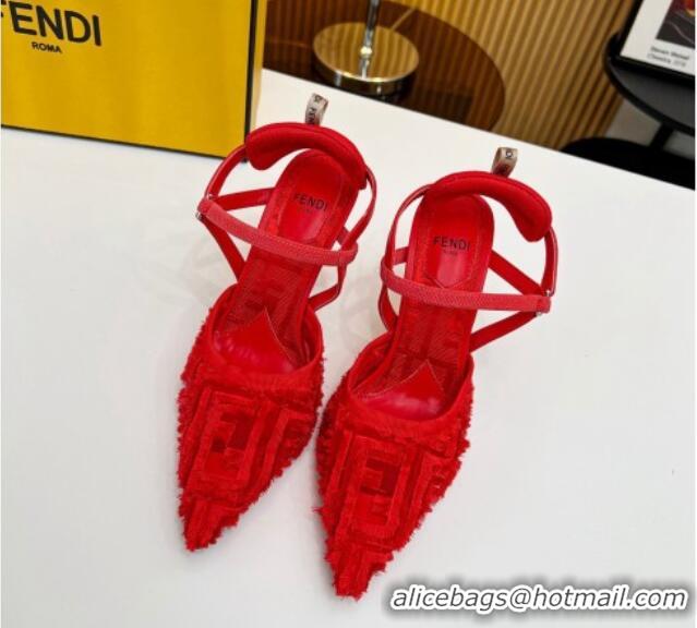 Luxurious Fendi Colibri Lite Slingbacks Pumps 8cm in Fringed FF Mesh Red 420080