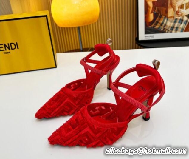 Luxurious Fendi Colibri Lite Slingbacks Pumps 8cm in Fringed FF Mesh Red 420080