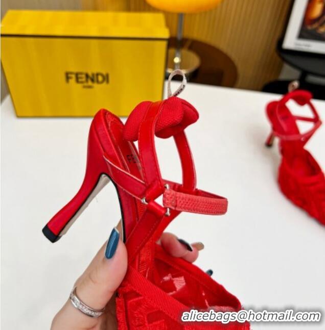 Luxurious Fendi Colibri Lite Slingbacks Pumps 8cm in Fringed FF Mesh Red 420080