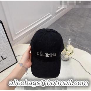 Hot Sell Cheap Celine Canvas Baseball Hat with Crystals C0613 Black 2023