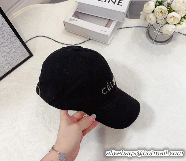 Hot Sell Cheap Celine Canvas Baseball Hat with Crystals C0613 Black 2023