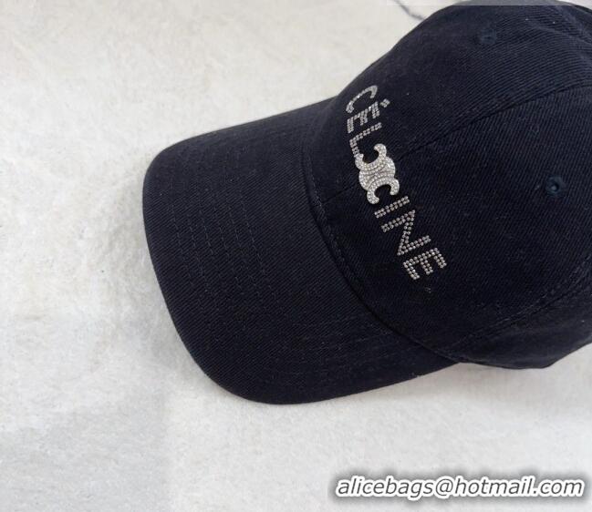 Hot Sell Cheap Celine Canvas Baseball Hat with Crystals C0613 Black 2023