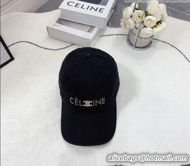 Hot Sell Cheap Celine Canvas Baseball Hat with Crystals C0613 Black 2023