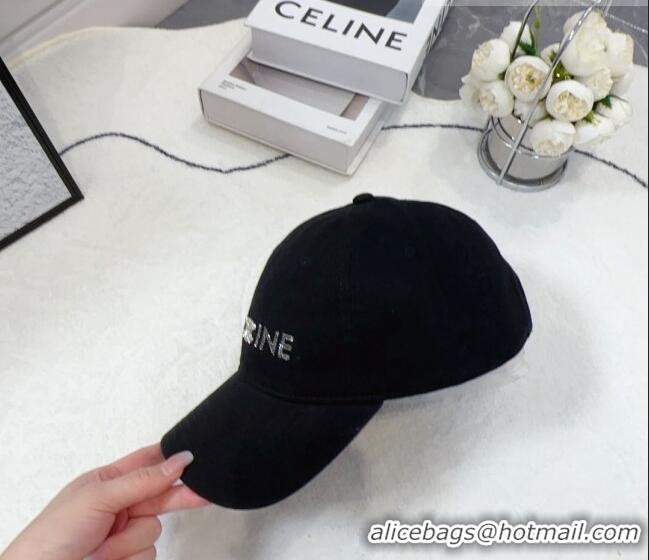 Hot Sell Cheap Celine Canvas Baseball Hat with Crystals C0613 Black 2023