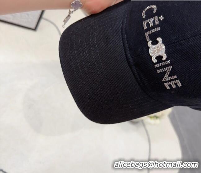 Hot Sell Cheap Celine Canvas Baseball Hat with Crystals C0613 Black 2023