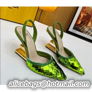 Hot Style Fendi First Slingbacks High Heel Pumps 9.5cm in Green Sequin 0420102