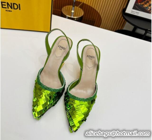 Hot Style Fendi First Slingbacks High Heel Pumps 9.5cm in Green Sequin 0420102