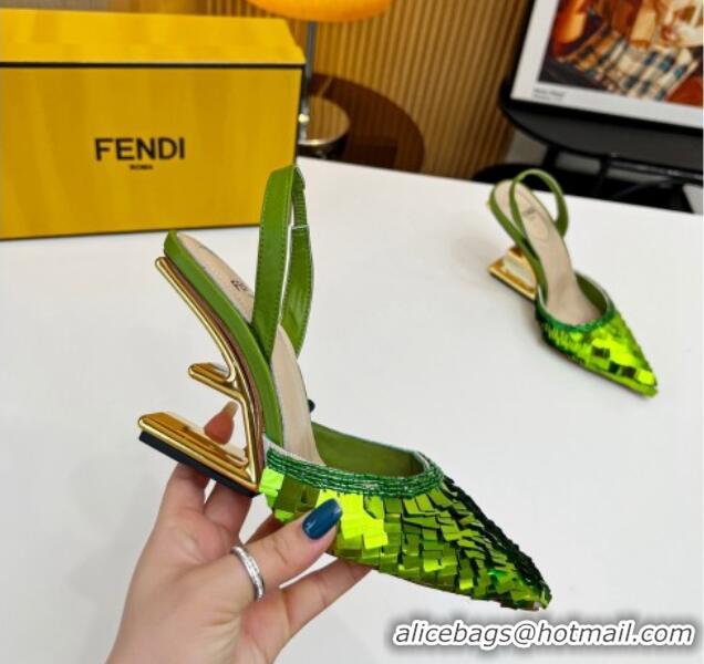 Hot Style Fendi First Slingbacks High Heel Pumps 9.5cm in Green Sequin 0420102