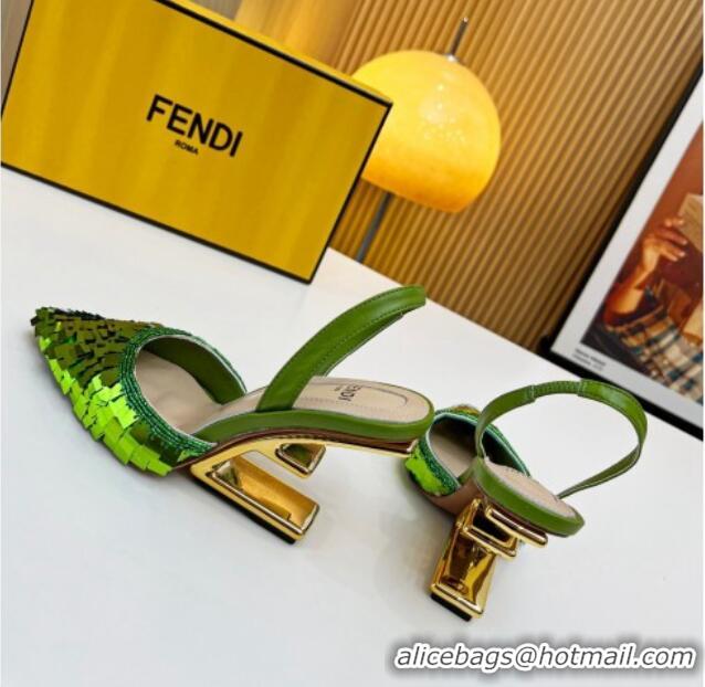 Hot Style Fendi First Slingbacks High Heel Pumps 9.5cm in Green Sequin 0420102