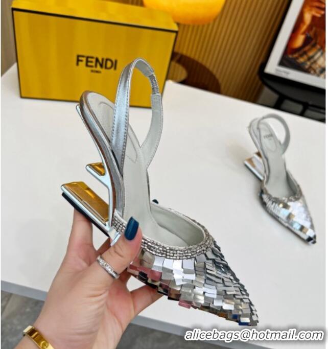 Stylish Fendi First Slingbacks High Heel Pumps 9.5cm in Silver Sequin 420098