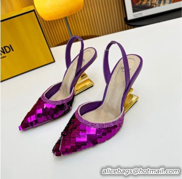 Sumptuous Fendi First Slingbacks High Heel Pumps 9.5cm in Purple Sequin 420099