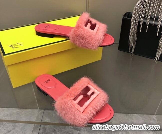 Cheap Price Fendi Signature Mink Fur Flat Slide Sandals Pink 0606096