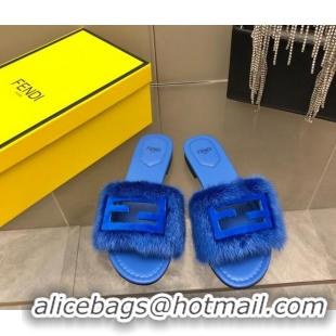 Top Design Fendi Signature Mink Fur Flat Slide Sandals Blue 606097