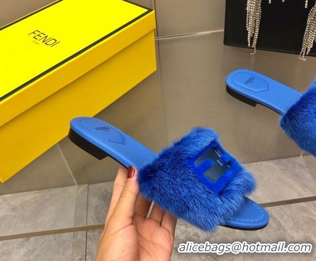 Top Design Fendi Signature Mink Fur Flat Slide Sandals Blue 606097