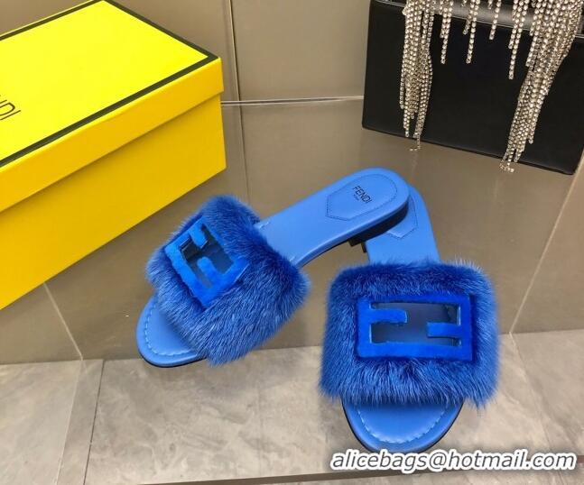 Top Design Fendi Signature Mink Fur Flat Slide Sandals Blue 606097