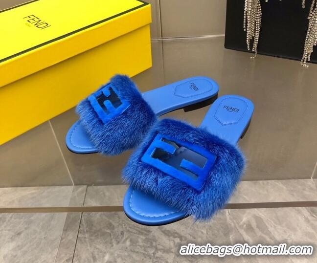 Top Design Fendi Signature Mink Fur Flat Slide Sandals Blue 606097