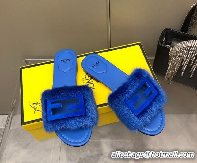 Top Design Fendi Signature Mink Fur Flat Slide Sandals Blue 606097