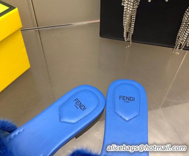 Top Design Fendi Signature Mink Fur Flat Slide Sandals Blue 606097