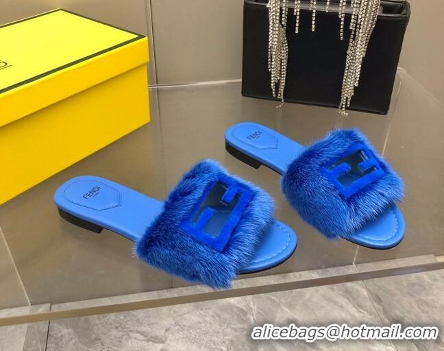 Top Design Fendi Signature Mink Fur Flat Slide Sandals Blue 606097