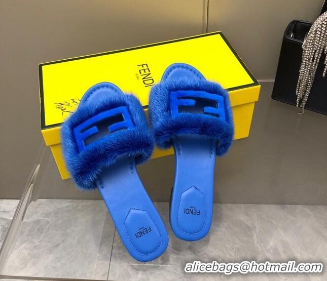 Top Design Fendi Signature Mink Fur Flat Slide Sandals Blue 606097