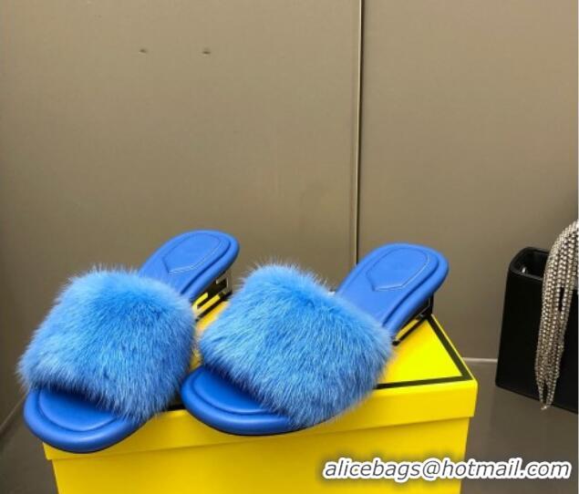 Charming Fendi Baguette Heel Slide Sandals 6cm in Blue Mink Fur 606098