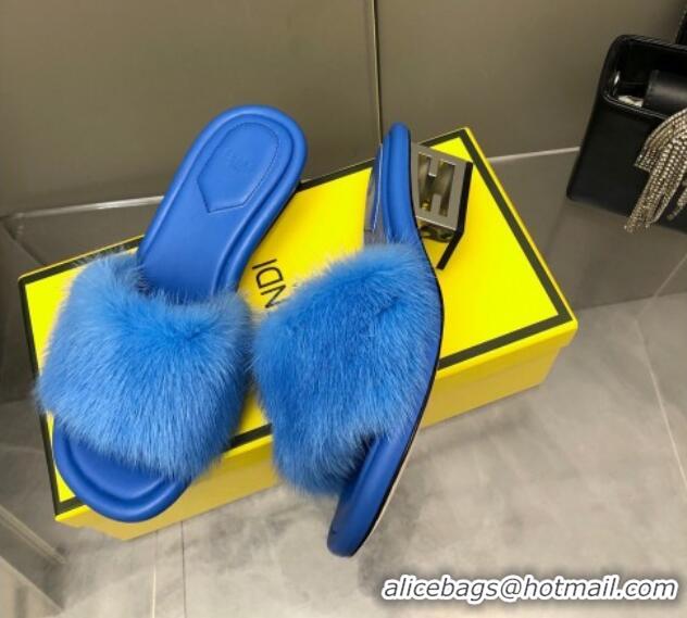 Charming Fendi Baguette Heel Slide Sandals 6cm in Blue Mink Fur 606098