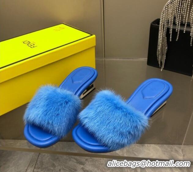 Charming Fendi Baguette Heel Slide Sandals 6cm in Blue Mink Fur 606098