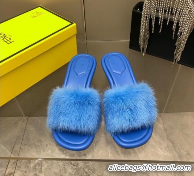 Charming Fendi Baguette Heel Slide Sandals 6cm in Blue Mink Fur 606098