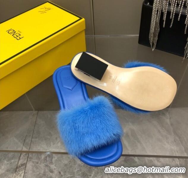 Charming Fendi Baguette Heel Slide Sandals 6cm in Blue Mink Fur 606098