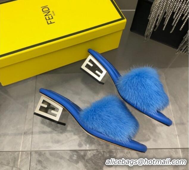 Charming Fendi Baguette Heel Slide Sandals 6cm in Blue Mink Fur 606098