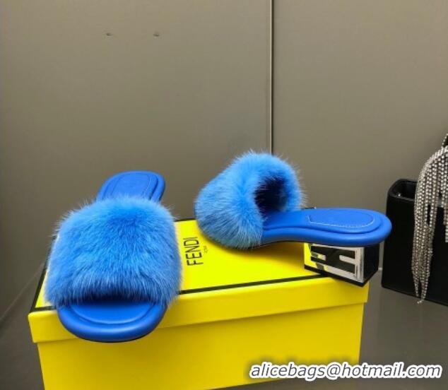 Charming Fendi Baguette Heel Slide Sandals 6cm in Blue Mink Fur 606098