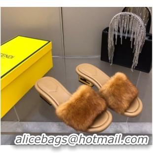 1:1 aaaaa Fendi Baguette Heel Slide Sandals 6cm in Brown Mink Fur 606099