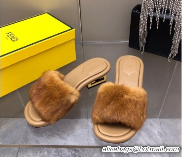 1:1 aaaaa Fendi Baguette Heel Slide Sandals 6cm in Brown Mink Fur 606099