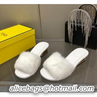 Unique Style Fendi Baguette Heel Slide Sandals 6cm in White Mink Fur 606100