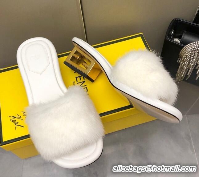 Unique Style Fendi Baguette Heel Slide Sandals 6cm in White Mink Fur 606100