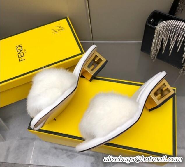 Unique Style Fendi Baguette Heel Slide Sandals 6cm in White Mink Fur 606100