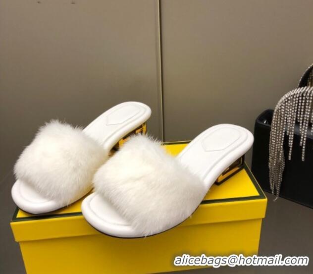 Unique Style Fendi Baguette Heel Slide Sandals 6cm in White Mink Fur 606100