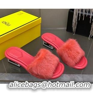 Trendy Design Fendi Baguette Heel Slide Sandals 6cm in Pink Mink Fur 606101